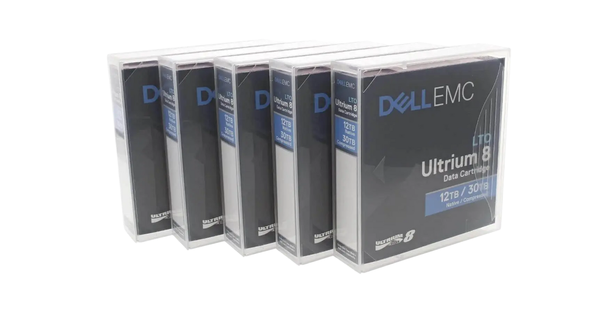 A group of Dell EMC data storage drives, specifically the LTO Ultrium 8 data cartridge, which is designed for 12TB capacity.