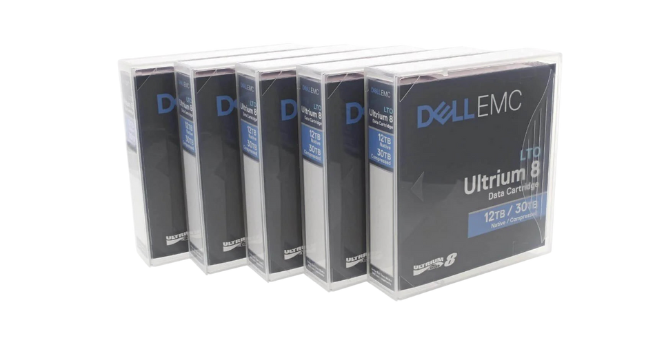 A group of Dell EMC data storage drives, specifically the LTO Ultrium 8 data cartridge, which is designed for 12TB capacity.