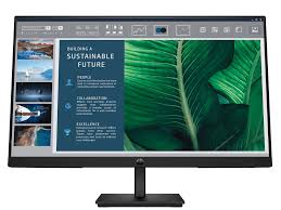 a computer monitor with a large screen, featuring a collage of various images. The monitor is positioned on a stand, and the screen is turned on. The collage includes images of nature, such as leaves and water, as well as other abstract and artistic images. The monitor is set against a white background, which highlights the vibrant colors and details of the displayed images.