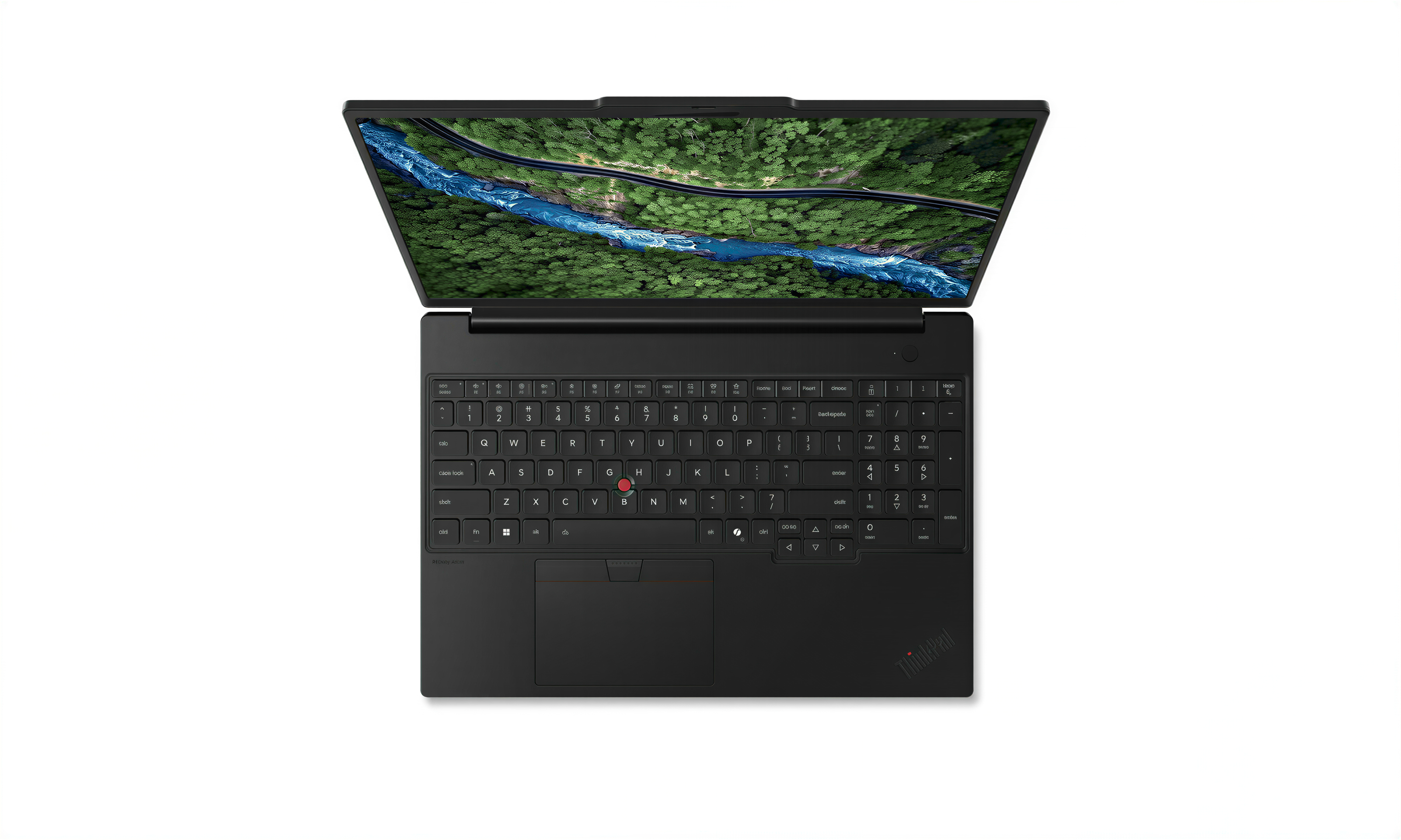 an open laptop with a large screen displaying a scenic view of a river surrounded by trees.