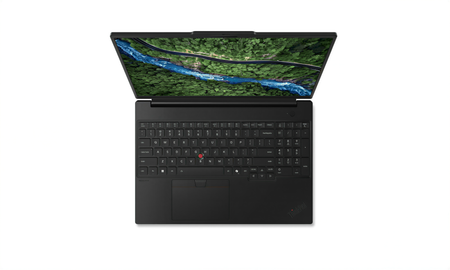 an open laptop with a large screen displaying a scenic view of a river surrounded by trees.