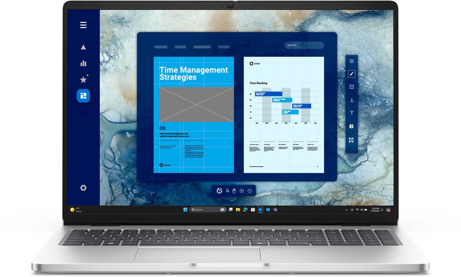 a laptop screen with a presentation or dashboard interface, including a title bar, a graph, and various menu options.