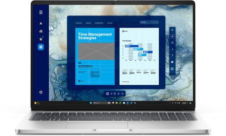 a laptop screen with a presentation or dashboard interface, including a title bar, a graph, and various menu options.