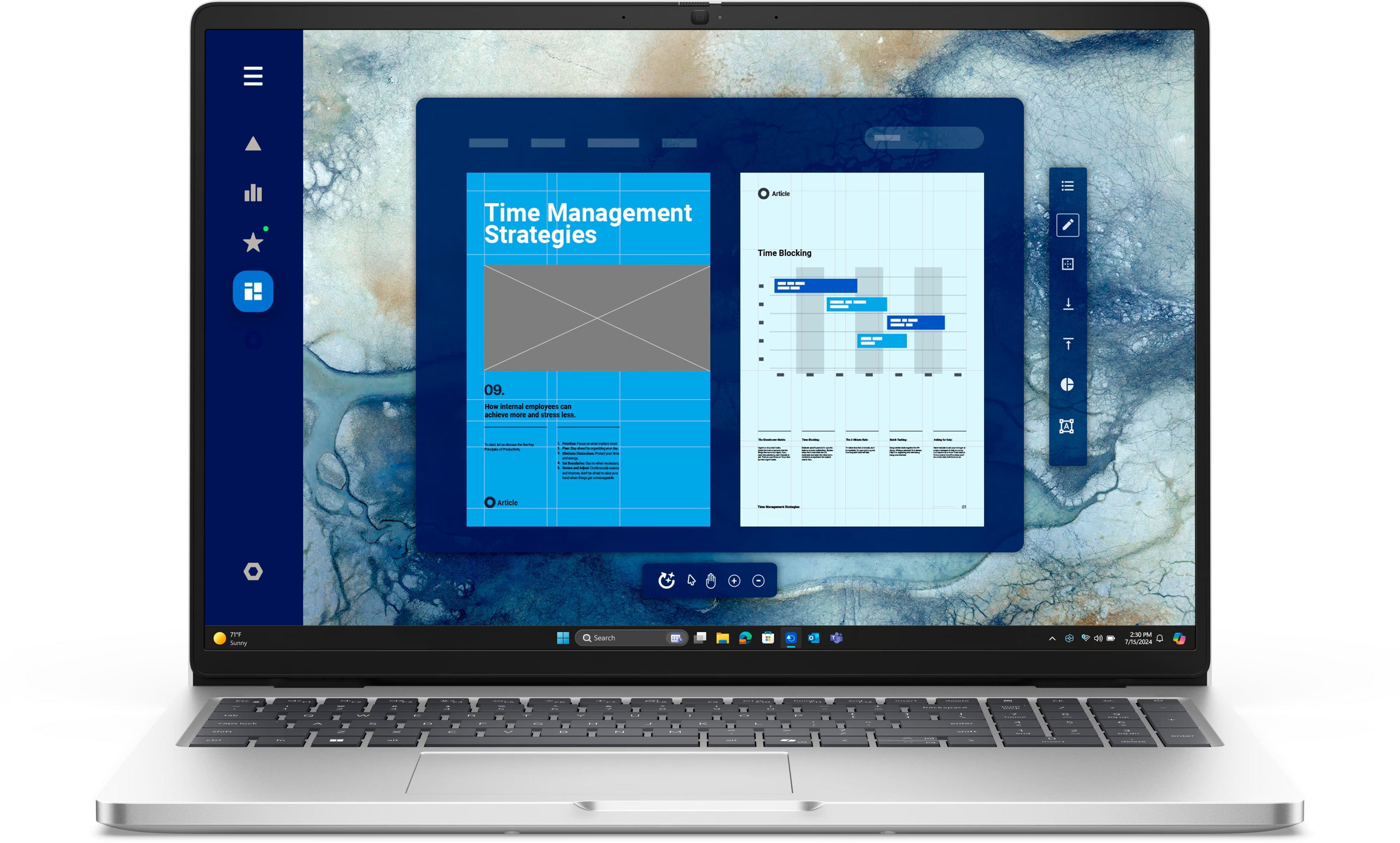 a laptop screen with a presentation or dashboard interface, including a title bar, a graph, and various menu options.