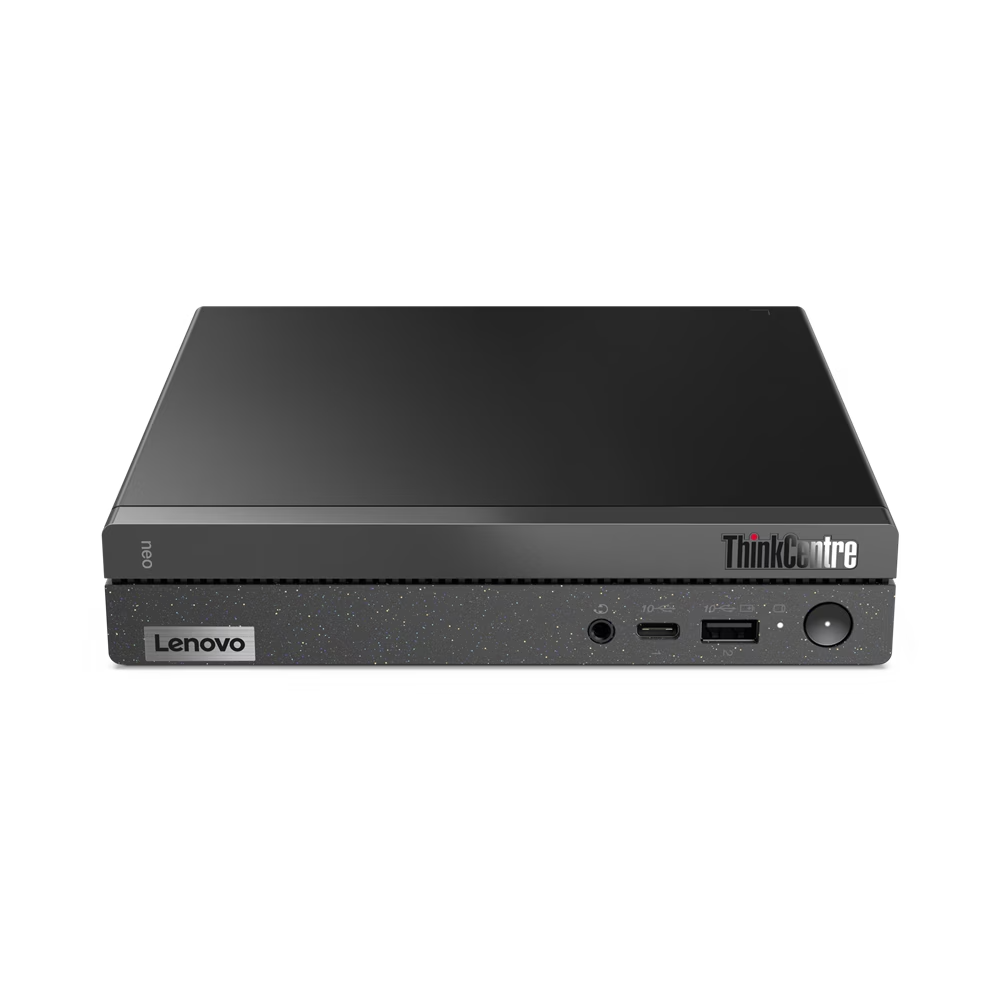 a Lenovo ThinkCentre laptop computer against a black background.