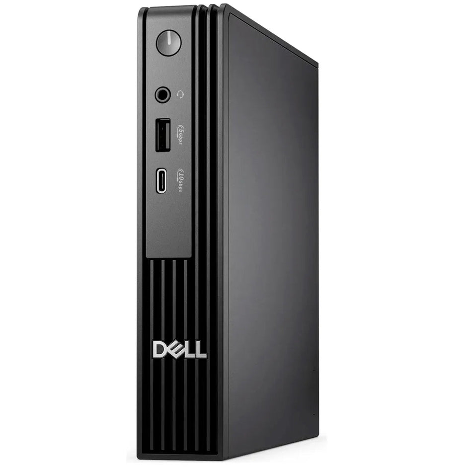 a black Dell computer tower with a vertical design and a few ports on the front.