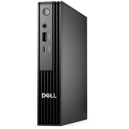 a black Dell computer tower with a vertical design and a few ports on the front.