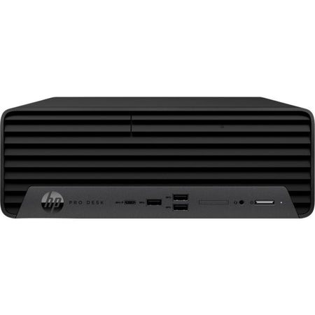 a black HP Pro Desk computer tower.