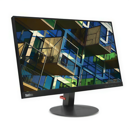 a computer monitor with a colorful, abstract image displayed on its screen.
