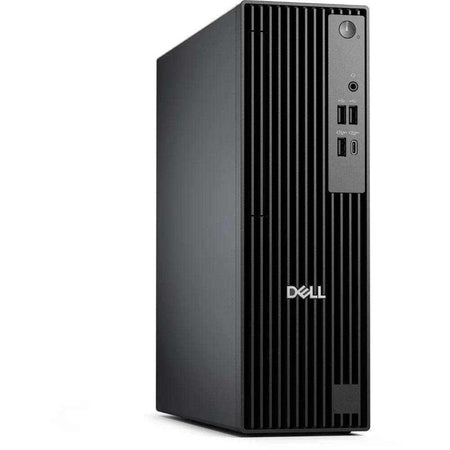 Desktop Dell Pro Slim preto em gabinete compacto vertical, com painel frontal estriado, botão liga e portas USB e de áudio.