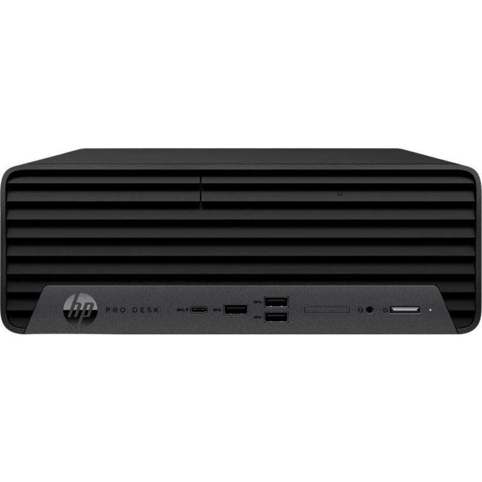 Desktop HP Pro SFF preto, com gabinete compacto, painel frontal ripado e portas USB, áudio e leitor de cartão