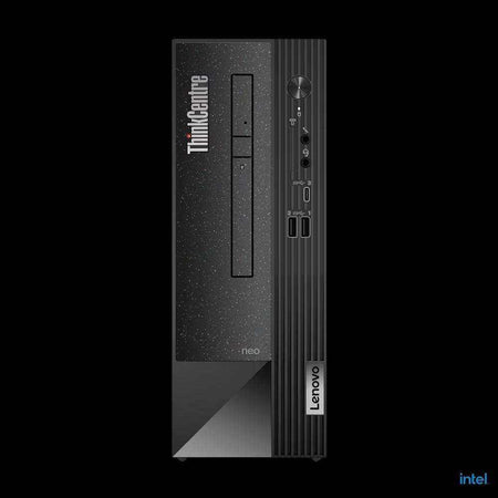 Desktop Lenovo M75s preto em formato compacto, com acabamento texturizado, frente estriada, unidade óptica e portas frontais.