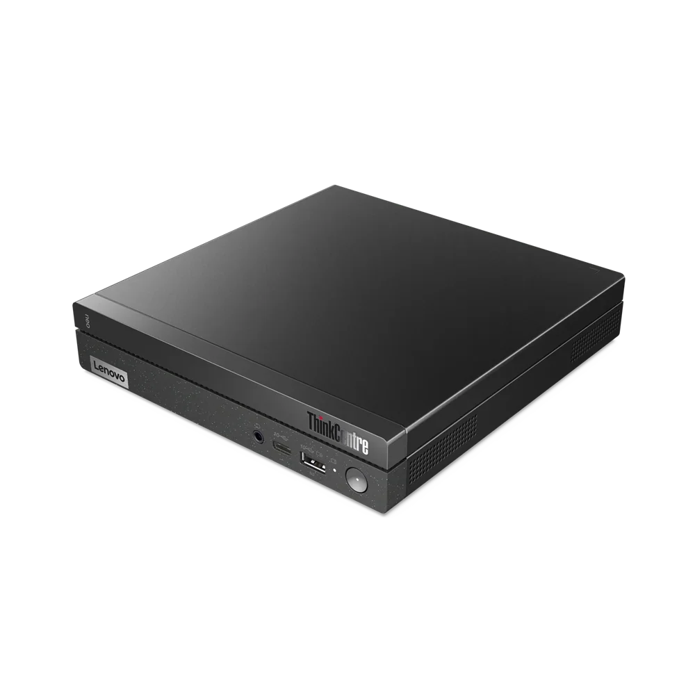 Desktop Lenovo Neo 50q G5 compacto, preto e fosco, com gabinete retangular e portas USB frontais.