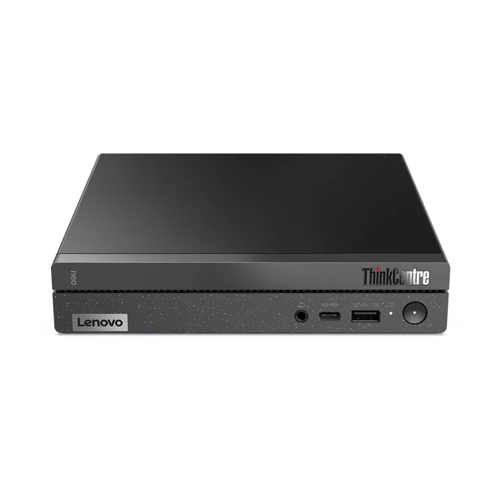 Desktop Lenovo Neo 50q G5 compacto, preto e cinza, com gabinete retangular e portas USB e botão de energia frontais