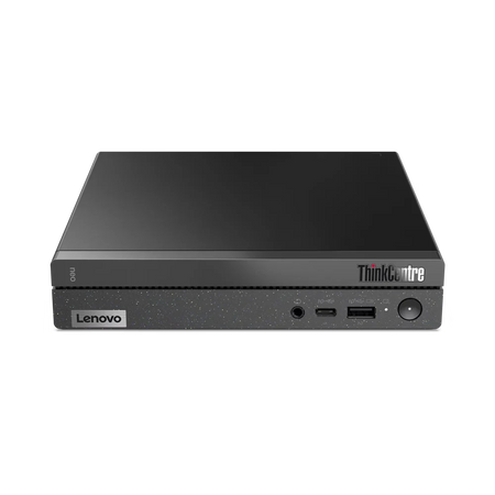 Desktop Lenovo Neo 50q G5 compacto, preto e cinza, com gabinete retangular e portas USB e botão de energia frontais