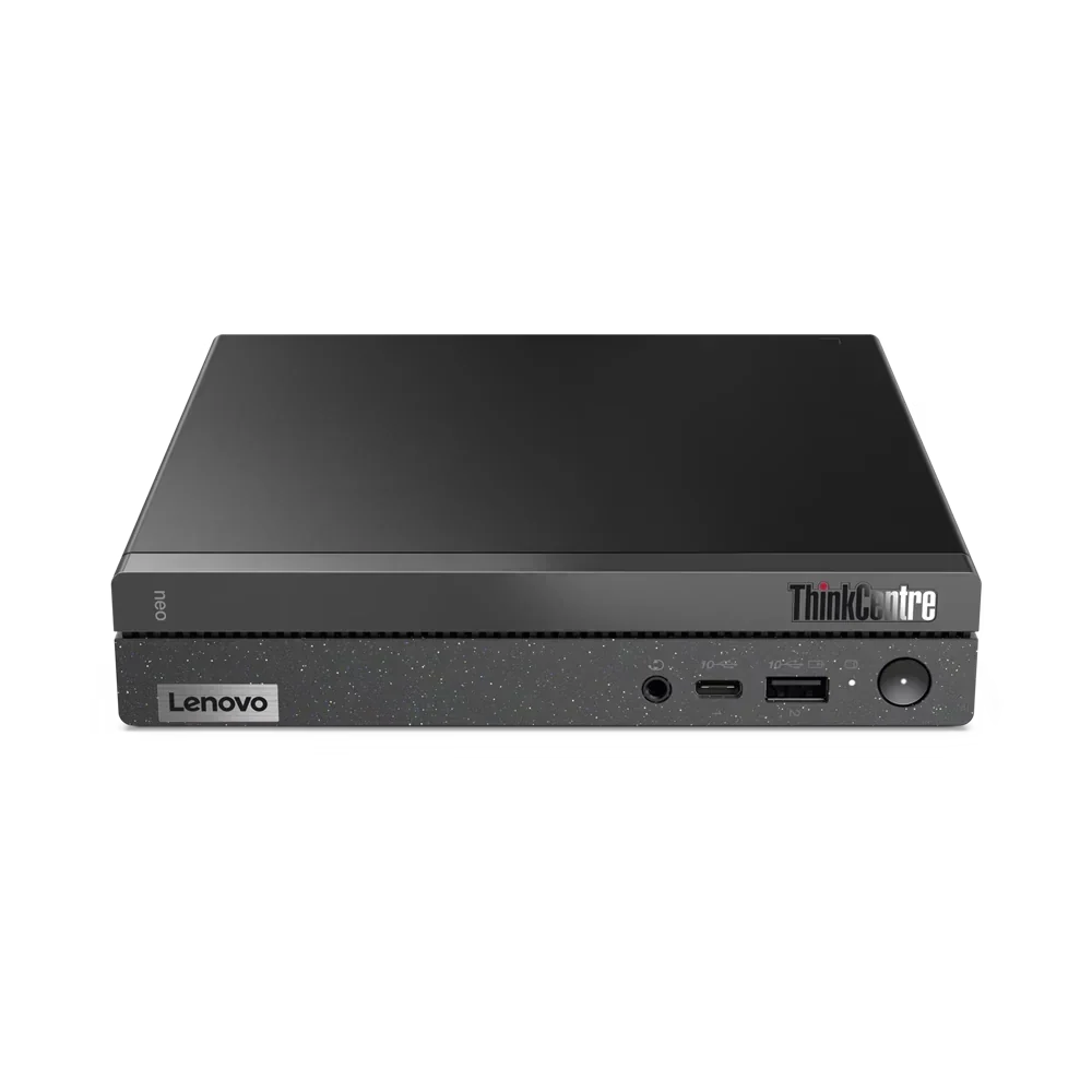 Desktop Lenovo Neo 50q G5 compacto preto, com gabinete retangular, acabamento liso e portas USB e áudio na parte frontal.