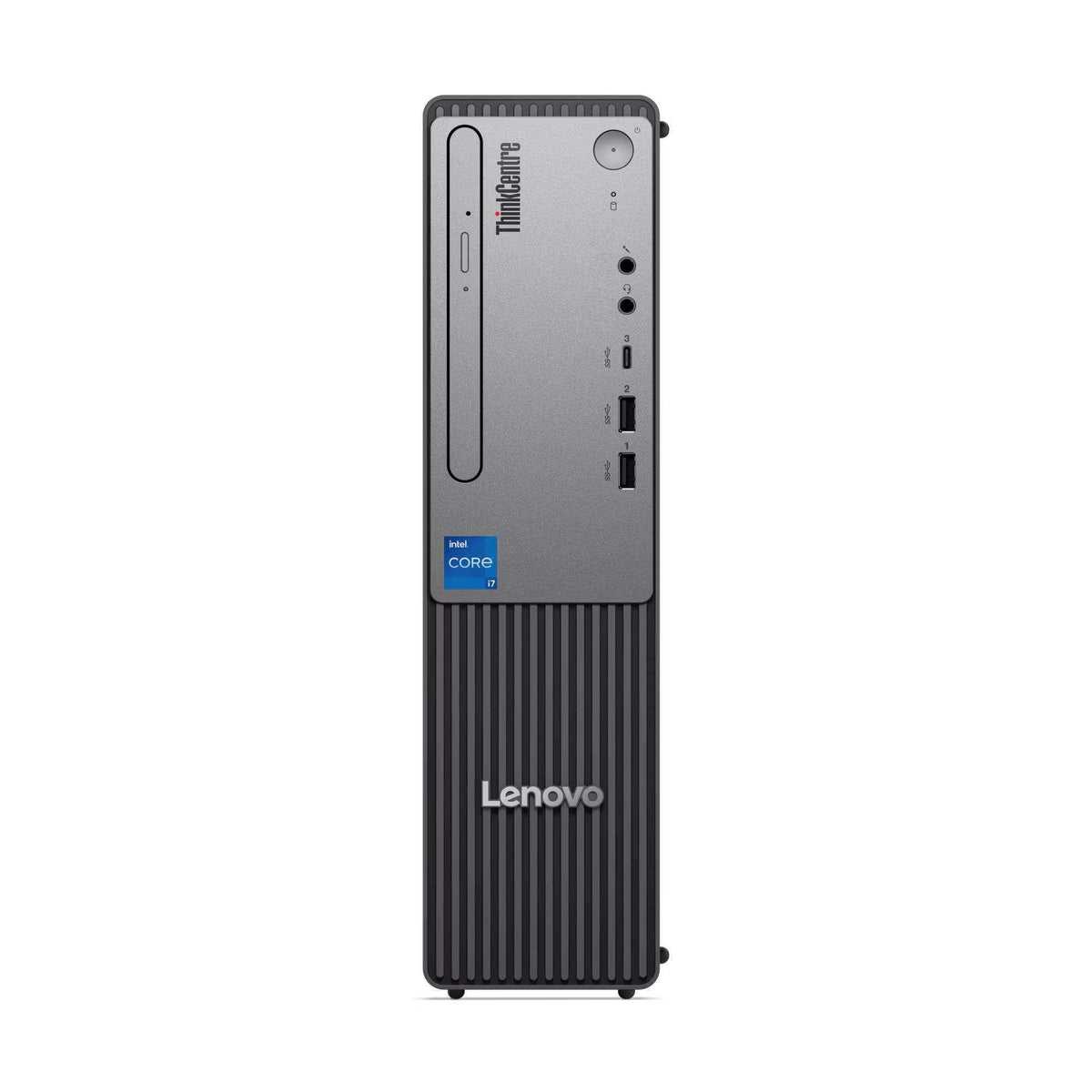 Desktop Lenovo Neo30s G5 compacto, preto e cinza, com gabinete vertical, painel frontal texturizado e marca Lenovo.