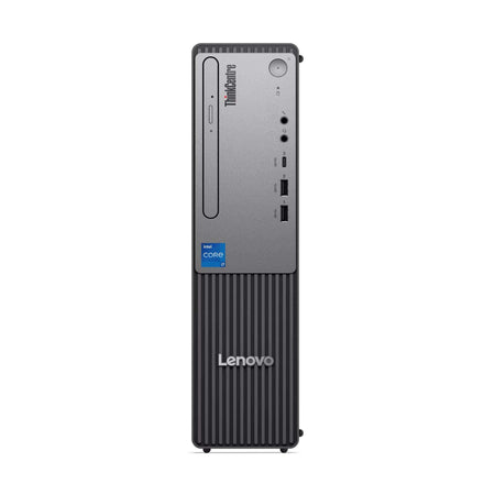 Desktop Lenovo Neo30s G5 Lenovo ThinkCentre compacto preto e cinza, com frente vertical texturizada, botão circular e portas USB frontais.