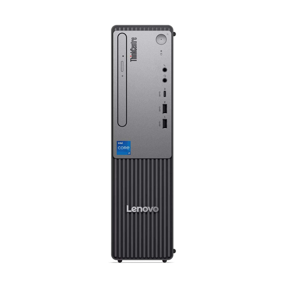Desktop Lenovo Neo30s G5 Lenovo ThinkCentre compacto preto e cinza, com frente vertical texturizada, botão circular e portas USB frontais.