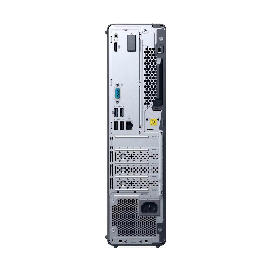 Desktop Lenovo Neo30s G5 compacto em metal cinza, com painel traseiro de portas, grades de ventilação e slots de expansão