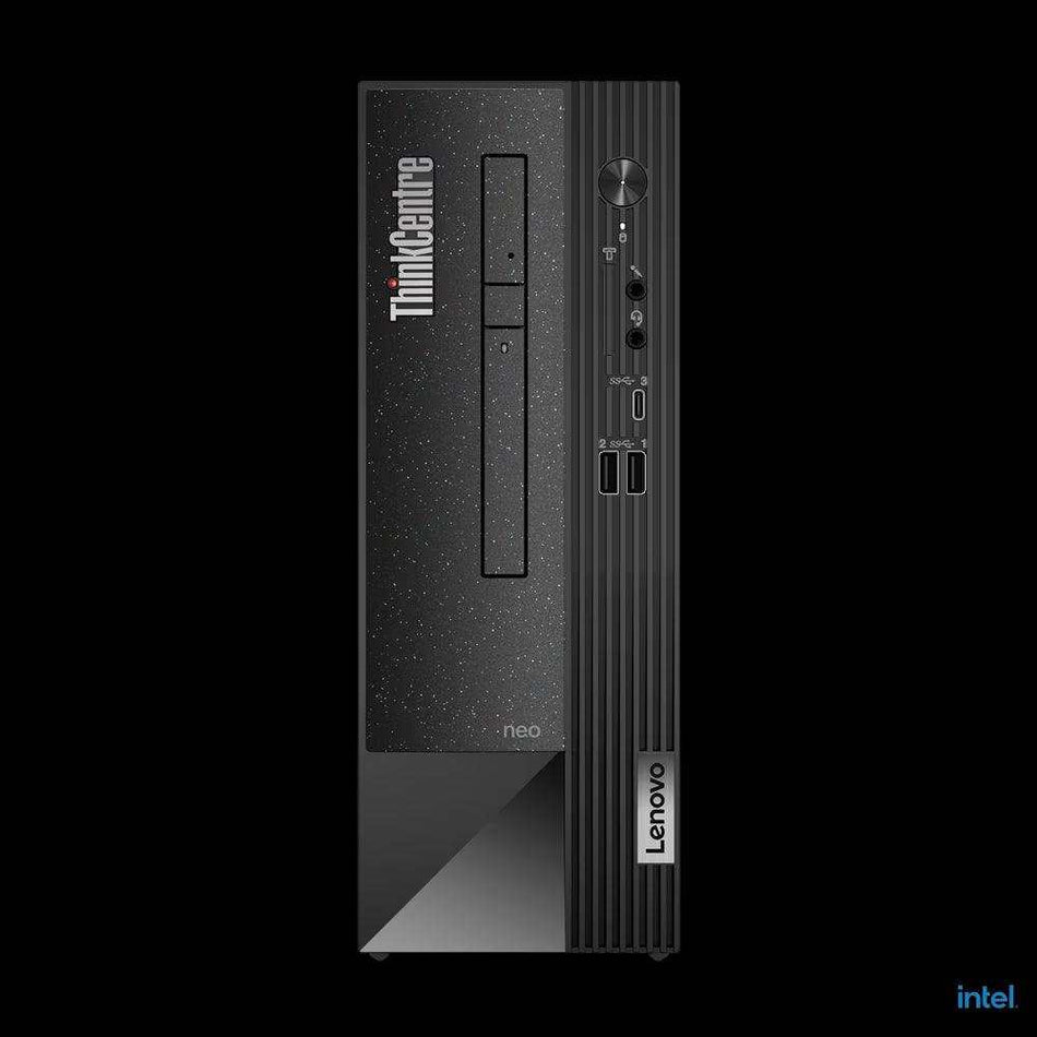 Desktop Lenovo Neo50s SFF G5 preto e compacto, com gabinete estreito, acabamento texturizado, ranhuras frontais e portas USB