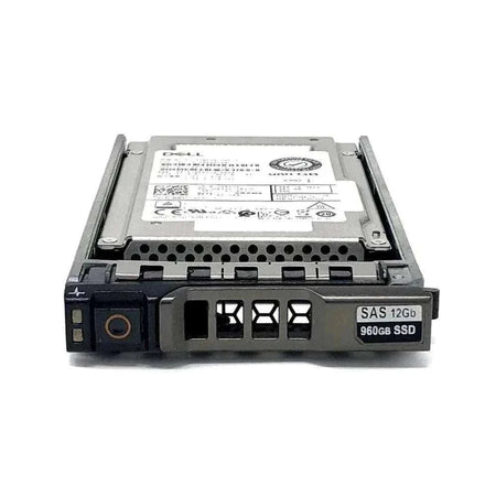 Disco SSD Dell em bandeja metálica preta e cinza, com encaixe hot-plug e etiqueta frontal indicando SAS 12Gb e 960GB.