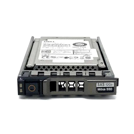 Disco SSD Dell em estrutura metálica cinza com suporte preto, etiquetas superiores e identificação frontal SAS 12Gb 960GB SSD.