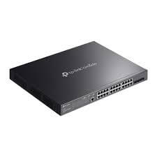 Switch TP-LINK Gigabit 24 portas PoE+ com 4 slots SFP+ modelo TL-SG3428XMP em fundo branco.