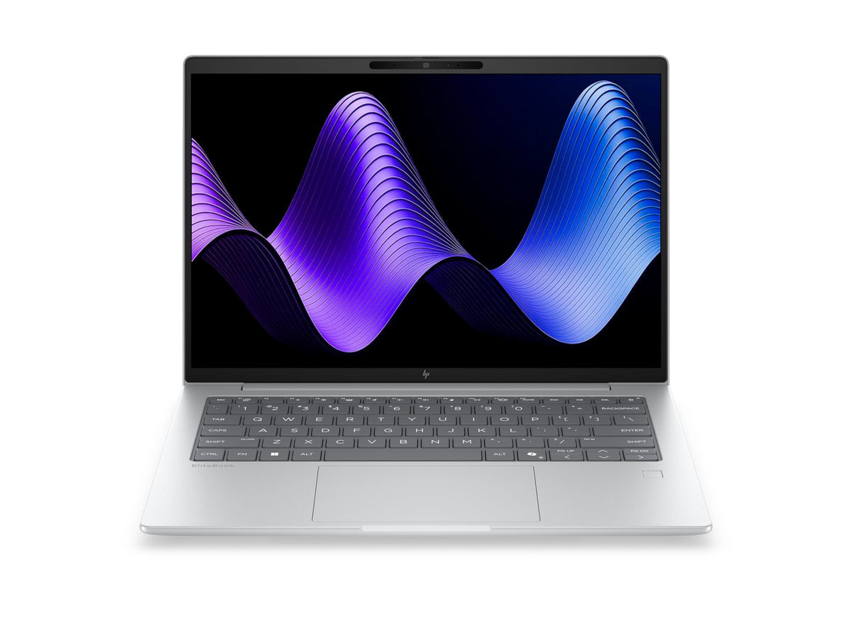 Notebook HP EliteBook X G2q prateado, com acabamento metálico, teclado cinza e tela com ondas roxas e azuis.