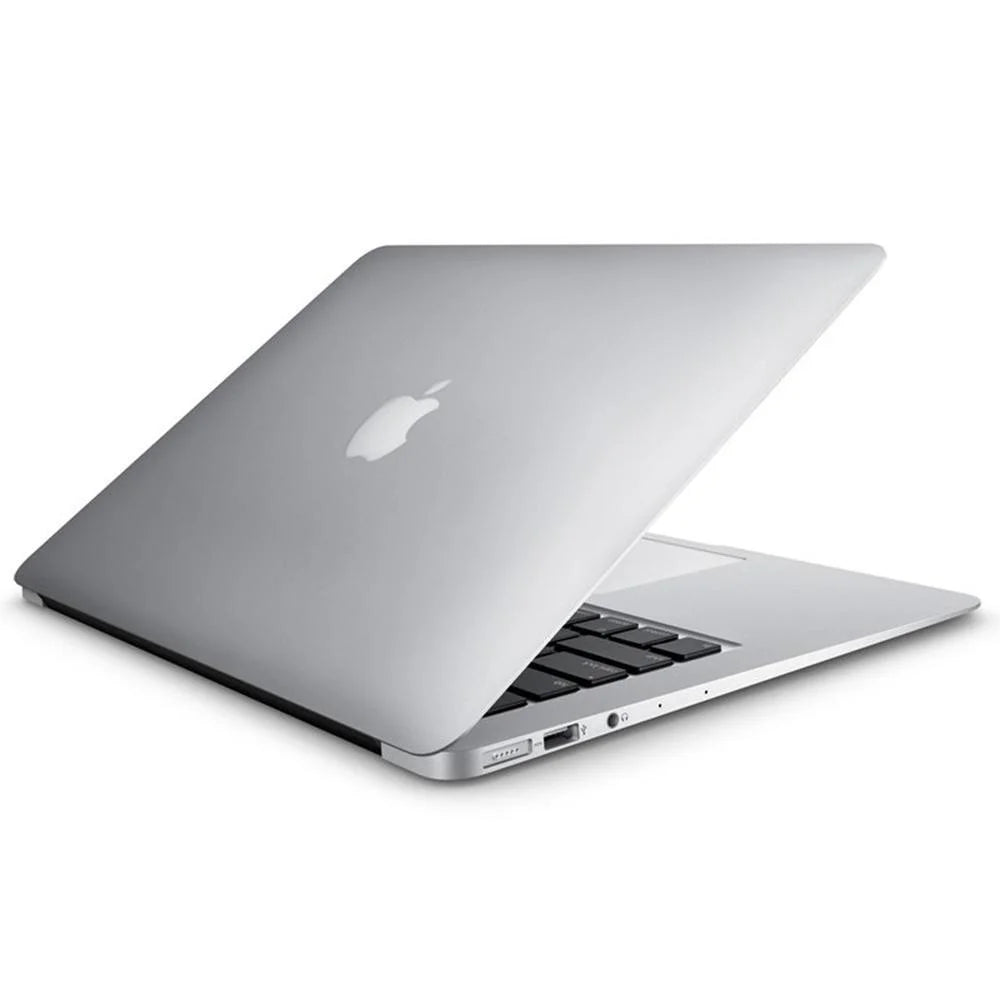 A silver MacBook laptop with its lid open, revealing the keyboard and trackpad.