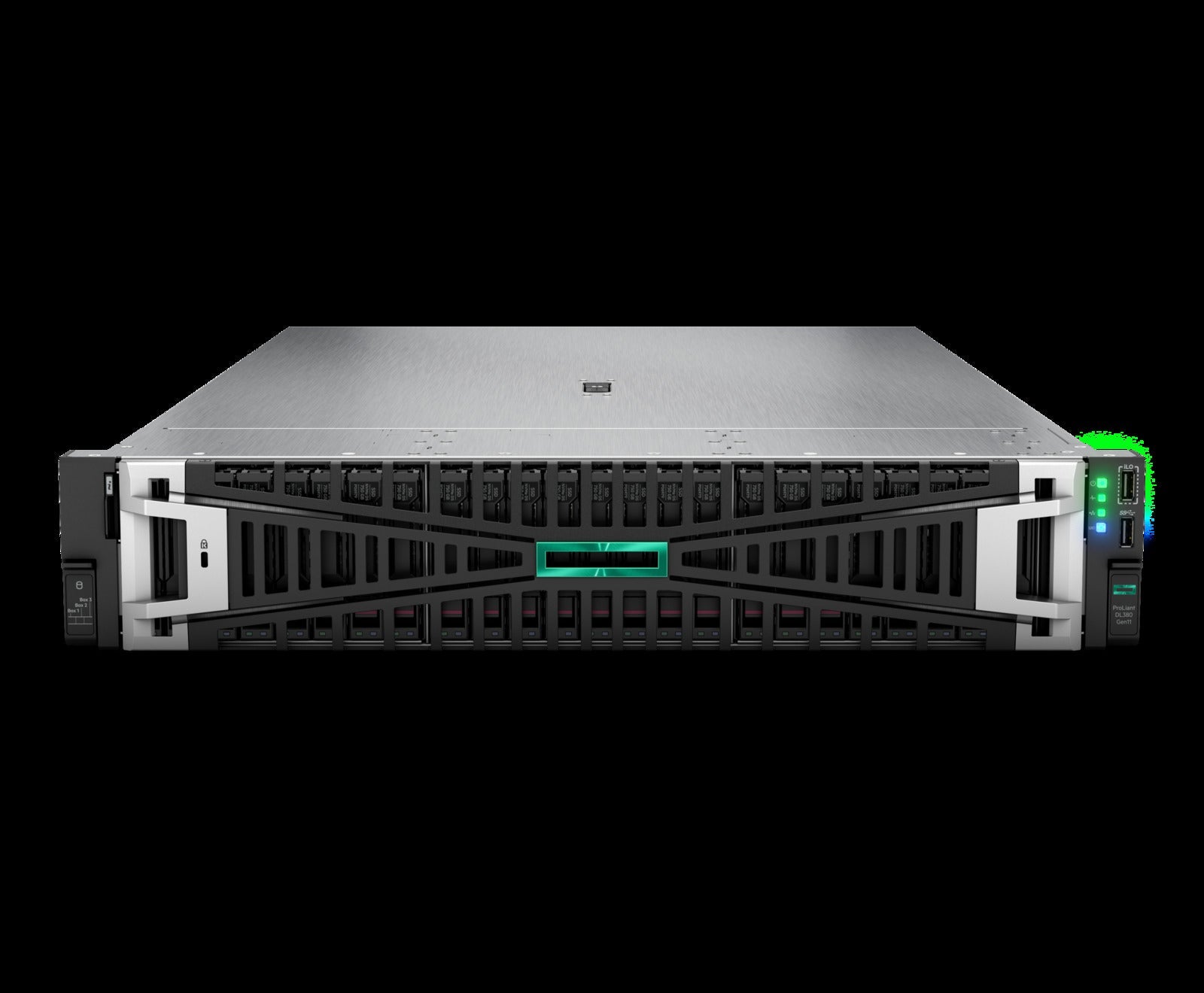 A large, metallic server rack with a green light on the front, set against a black background.