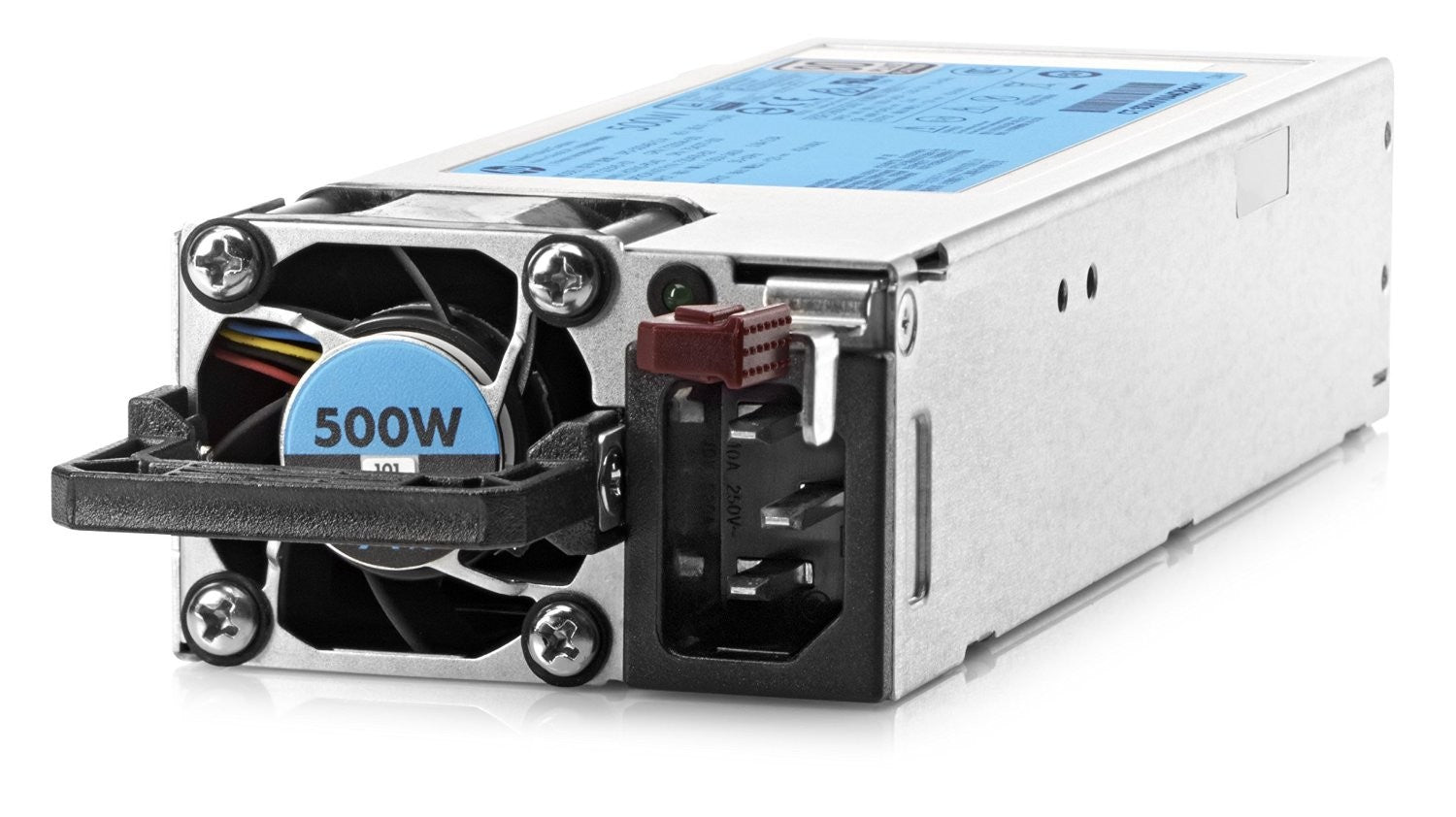 A 500W 500V power supply unit with a fan and various connectors and cables.