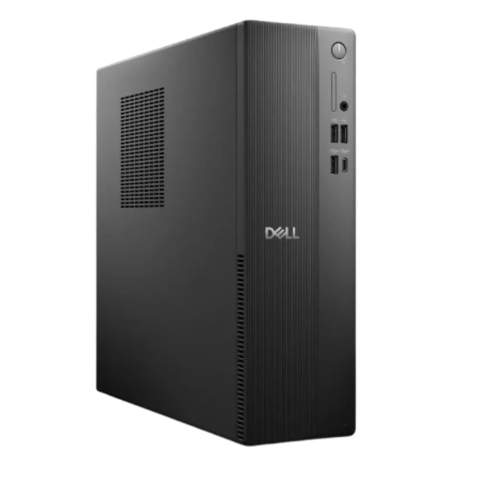 A black Dell computer tower with a vertical grille and a vertical stripe on the side.