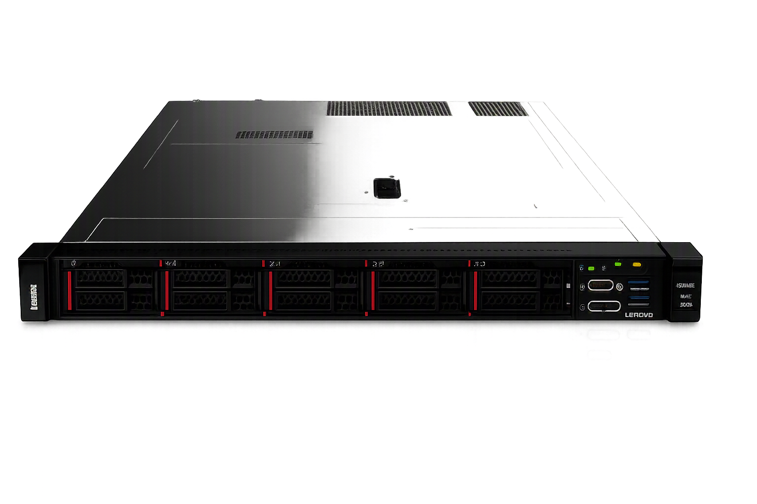 a black server rack with multiple racks and switches, all set against a dark background.