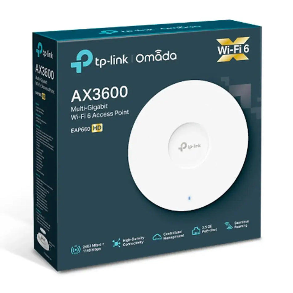 TP-LINK AX3600 Wireless Access Point EAP660 HD in packaging, features Wi-Fi 6 and multi-gigabit connectivity.