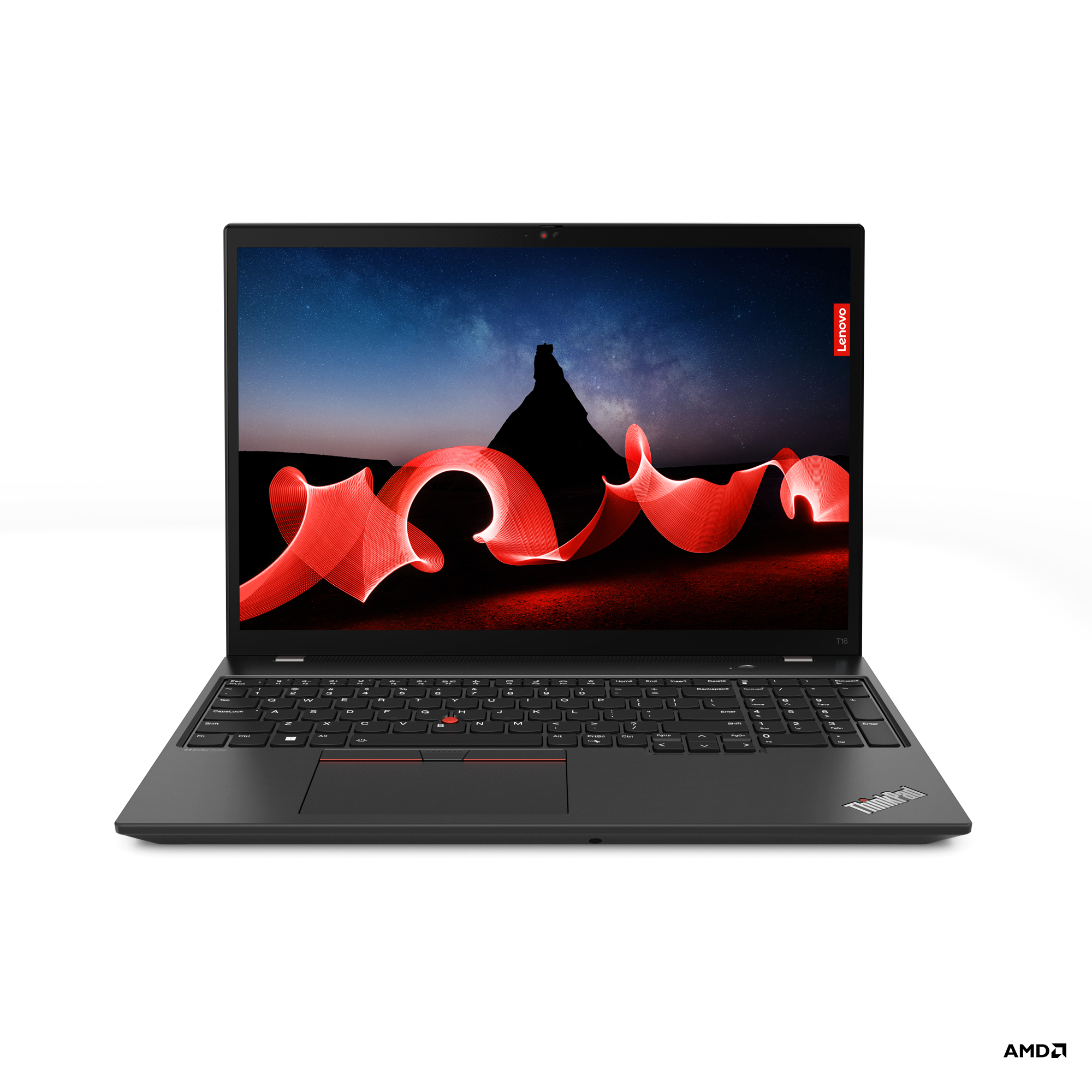 a black laptop with a red design on the screen