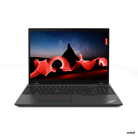 a black laptop with a red design on the screen