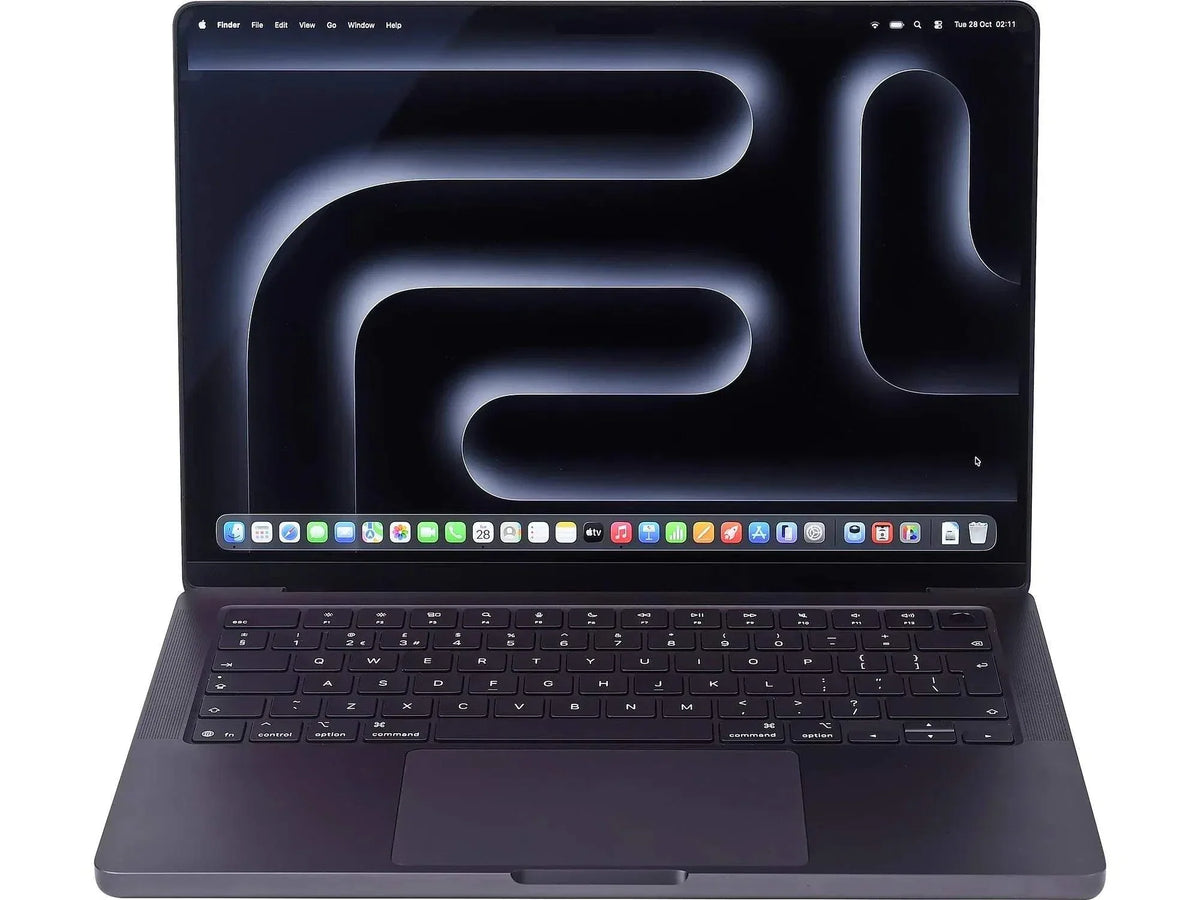 MacBook Pro 14 M5 preto-espacial, com corpo metálico, teclado preto e tela de 14 polegadas com interface gráfica exibida.