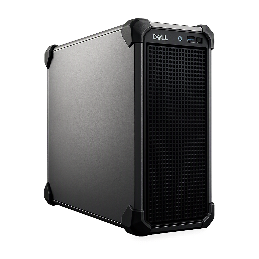 A sleek, black Dell computer tower with a textured front panel and a speaker grille.