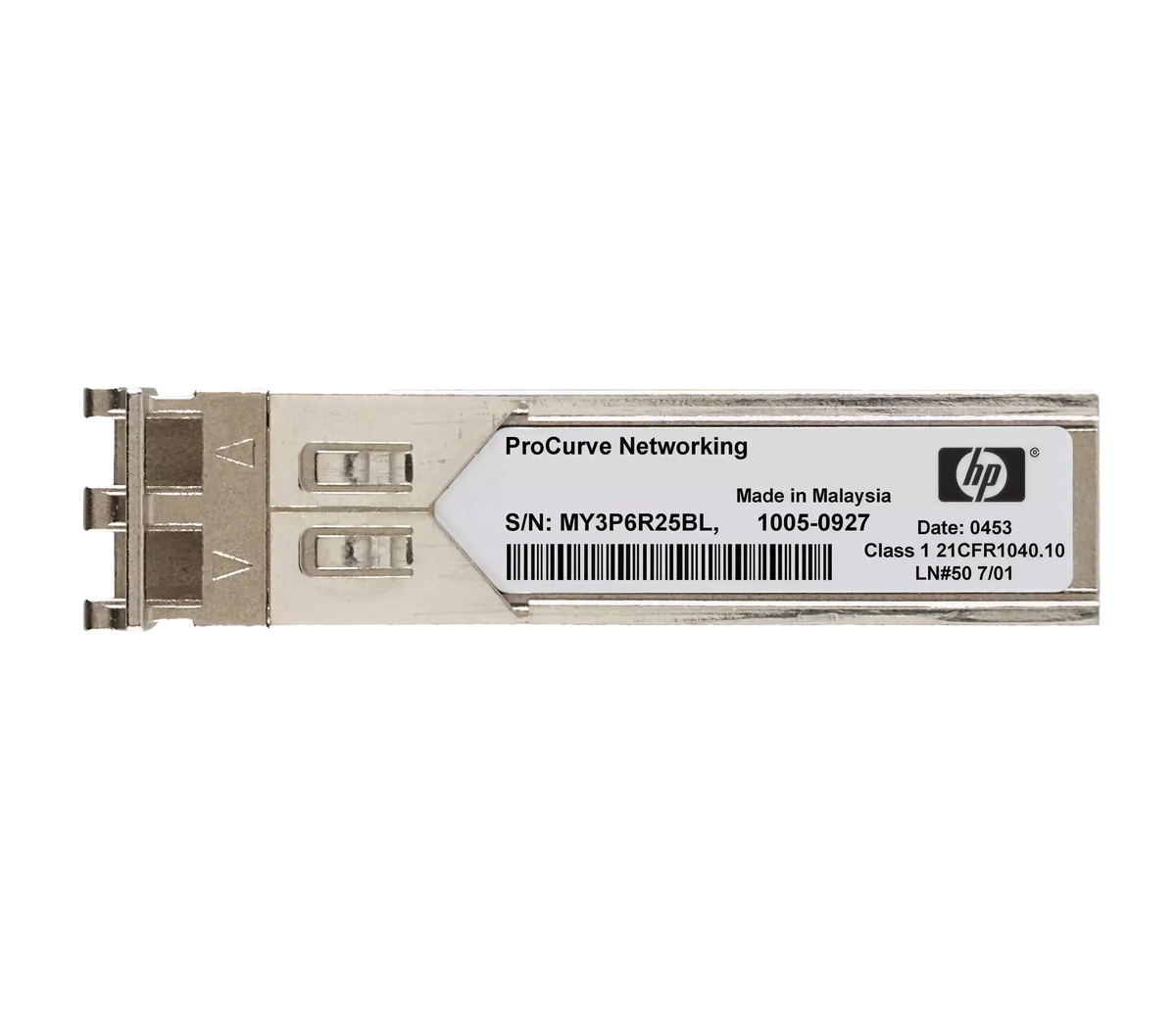 a ProCurve Networking product, specifically a M3P25BLX, which is a type of fiber optic connector. The product is manufactured in Malaysia and has a date of 0453. It is a Class 1 21CFR40/10 model, as indicated by the HP logo. The product is a fiber optic connector designed for ProCurve networking.