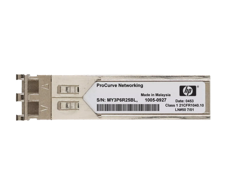 a ProCurve Networking product, specifically a M3P25BLX, which is a type of fiber optic connector. The product is manufactured in Malaysia and has a date of 0453. It is a Class 1 21CFR40/10 model, as indicated by the HP logo. The product is a fiber optic connector designed for ProCurve networking.