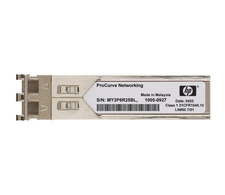 a ProCurve Networking product, specifically a M3P25BLX, which is a type of fiber optic connector. The product is manufactured in Malaysia and has a date of 0453. It is a Class 1 21CFR40/10 model, as indicated by the HP logo. The product is a fiber optic connector designed for ProCurve networking.