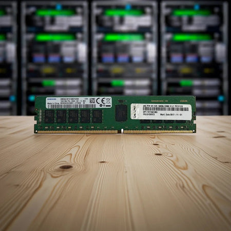 A green Samsung RAM memory card is placed on a wooden surface, with blurred server racks in the background.