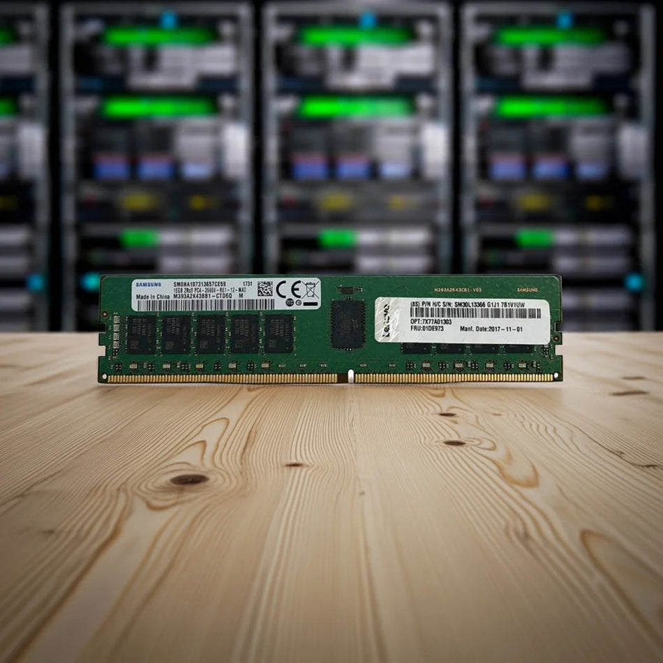 A green Samsung RAM memory card is placed on a wooden surface, with blurred server racks in the background.
