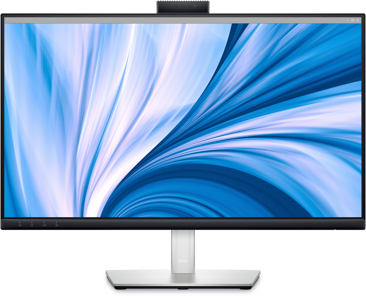a large, flat-screen monitor displaying a vibrant blue and white abstract design.