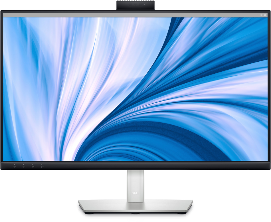 a large, flat-screen monitor displaying a vibrant blue and white abstract design.
