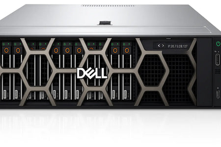 a Dell server rack with multiple racks and servers, including a Dell logo prominently displayed on the front of the rack.