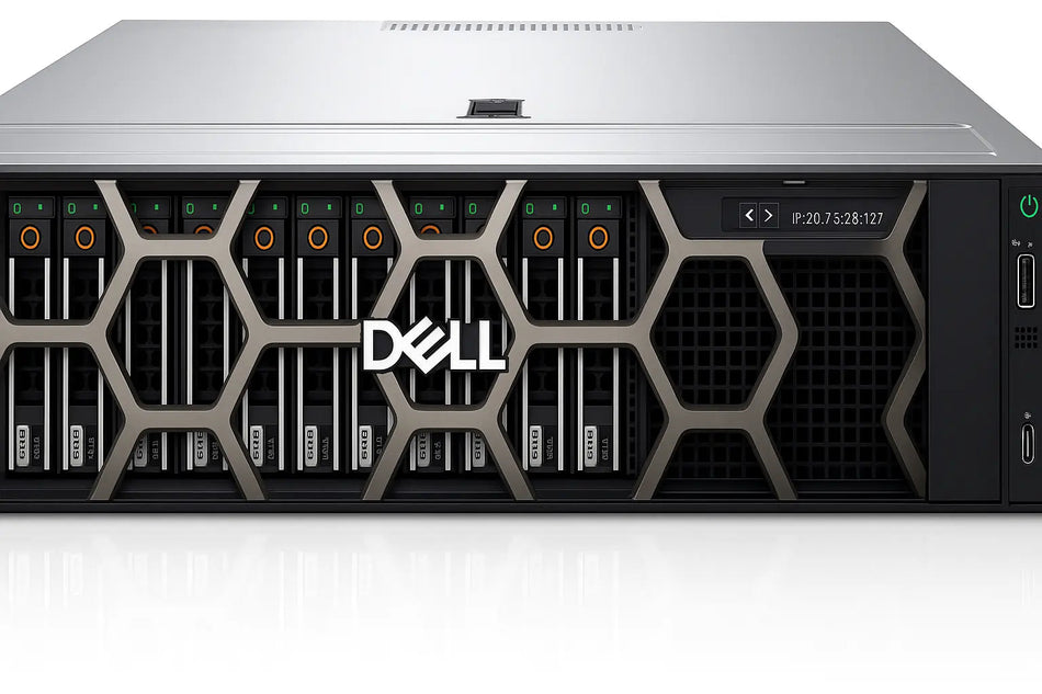 a Dell server rack with multiple racks and servers, including a Dell logo prominently displayed on the front of the rack.