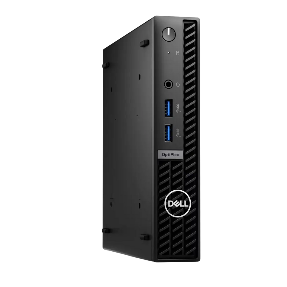 a black Dell OptiPlex desktop computer tower with two USB ports on the front.