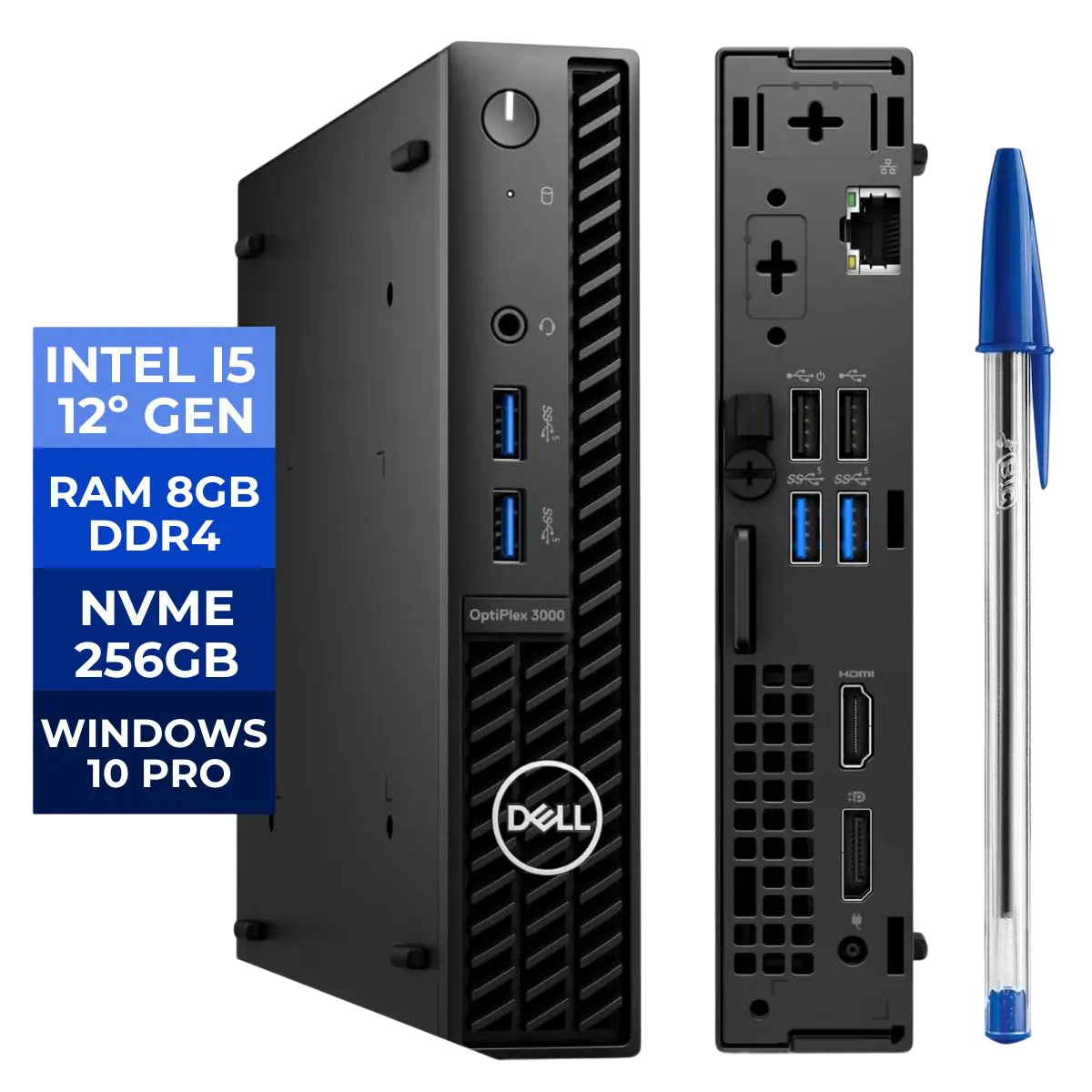 a Dell OptiPax 300 mini PC, which is a small, portable desktop computer. The computer is shown in two different views, with the front side and the back side visible. The front side of the computer displays the Intel 5th generation processor, RAM, and USB ports, while the back side shows the ports and other components. The computer is also accompanied by a blue pen, which is placed next to the computer.